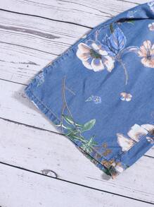 SHEIN Teen Girls Denim Effect Botanical Pattern Blue Washed Denim Soft Baggy Wide Leg Trousers - Medium Wash - View 5