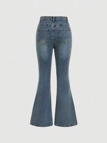 SHEIN MOD Zipper Fly Bow Decor Flare Leg Jeans - Blue - View 2