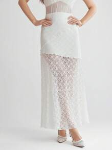 Enchnt Summer Holiday Romantic White Elegant Plain Color High Waist Lace Long Withe Skirt - White - View 4