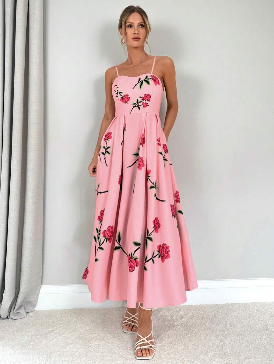 Firerie 女士夏季花卉印花A字長裙帶口袋，適用於日常穿著、度假、浪漫約會和婚禮派對