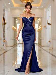 Nuevo vestido de noche con hombros descubiertos, sin tirantes y con abertura alta para primavera/verano - Azul Marino - Ver 6