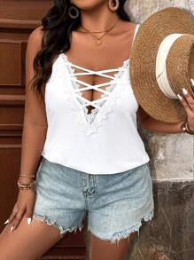 Breezaya Plus Contrast Lace Crisscross Front Cami Top - White - View 5