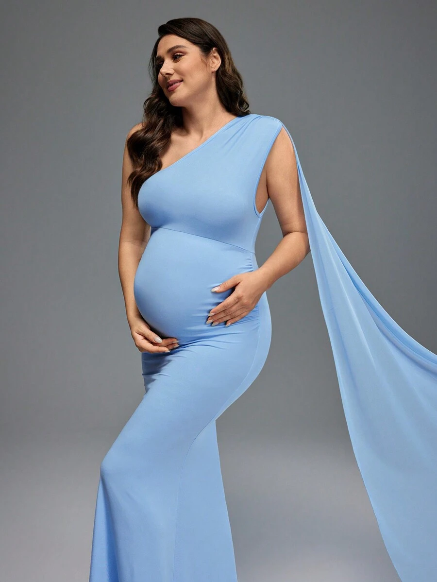 SHEIN Váy đuôi cá trễ vai chụp ảnh bầu, váy bầu, dự tiệc - Màu xanh lam - Xem 1