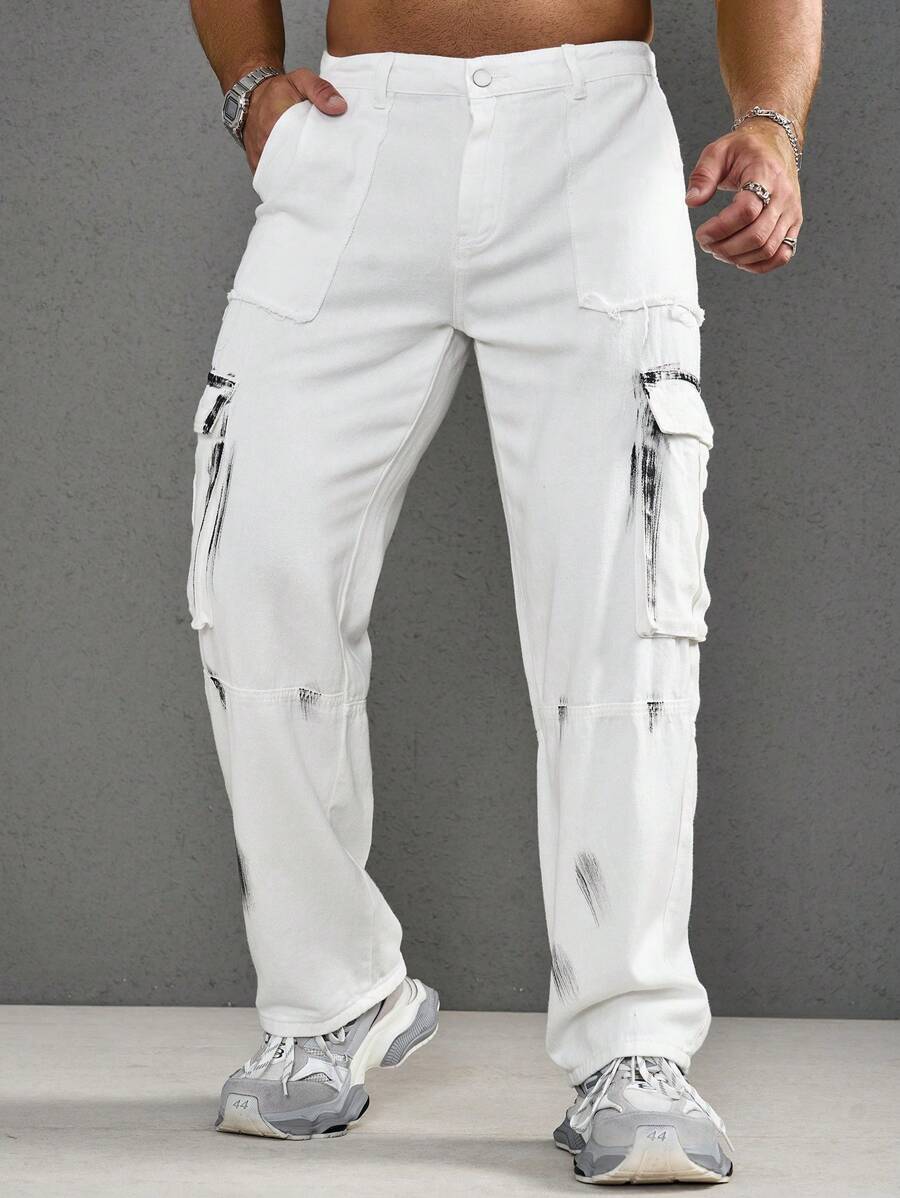 Manfinity Roughcore Men Flap Pocket Side Cargo Jeans - White - View 1