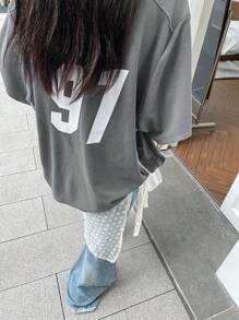 FRIFUL Letter Graphic Contrast Trim Drop Shoulder Tee Oversized T-Shirt - Black - View 2