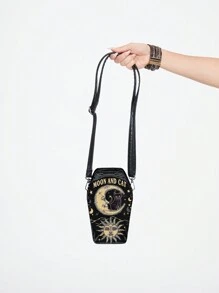 ROMWE Black Gothic Moon And Star Print Coffin Crossbody Bag - Black - View 4