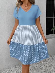 EMERY ROSE Robe d'été décontractée pour femmes à rayures blocs de couleurs et à pois en forme de A