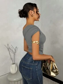 SHEIN BAE 女士實色拼摺不對稱斜肩夏季上衣 - 深灰色 - 查看 2