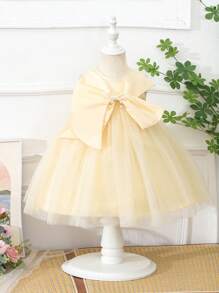 Baby Girls' Pale Yellow Summer Tropical Flower Girl Satin Round Neck Asymmetrical Dress With Big Bow,Beaded Accessories,Mesh Overlay Wedding Party - Apricot - View 1