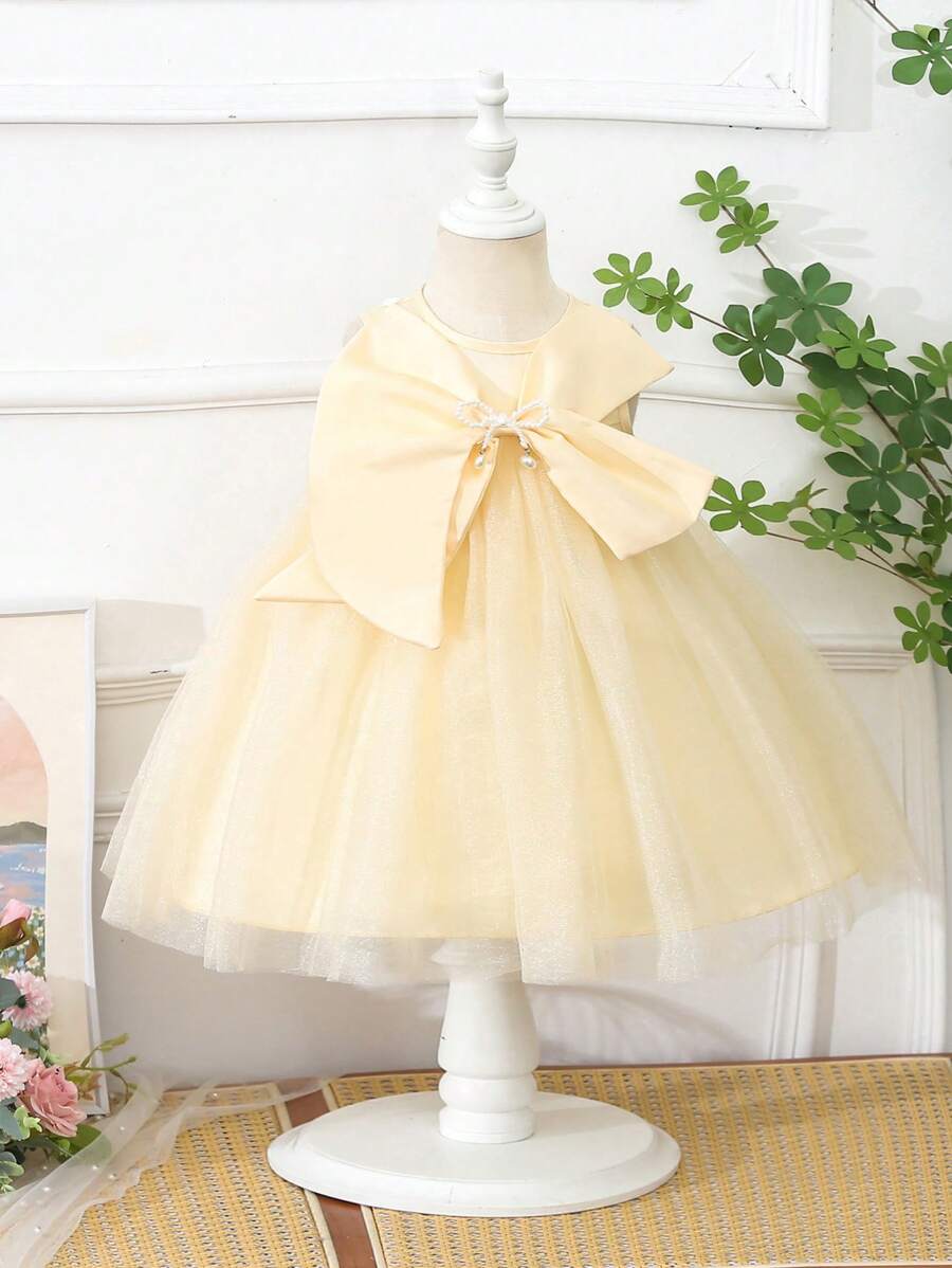 Baby Girls' Pale Yellow Summer Tropical Flower Girl Satin Round Neck Asymmetrical Dress With Big Bow,Beaded Accessories,Mesh Overlay Wedding Party - Apricot - View 1