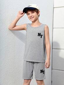 SHEIN 青少年男孩字母圖案背心和運動短褲套裝 - 淺灰色 - 查看 1