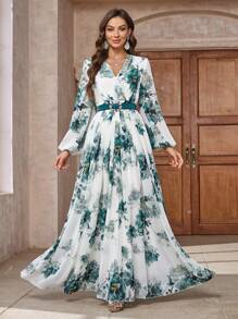 Vestido modesto árabe con cuello en V, manga farol larga, estampado floral y cinturón