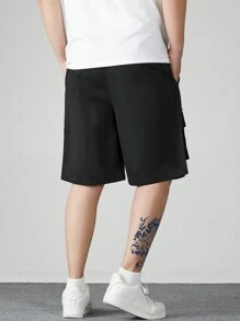 Men's Letter Printed Drawstring Waist Casual Cargo Shorts - Black - View 2