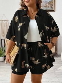 SHEIN LUNE Plus Leopard Print Drop Shoulder Blouse & Shorts, For Summer - Black - View 6