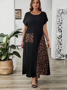 EMERY ROSE Plus Contrast Leopard Print Patch Pocket Short Sleeve Summer Dress Summer Outfits Casual Women Dresses Dress,Spring - Black - View 5