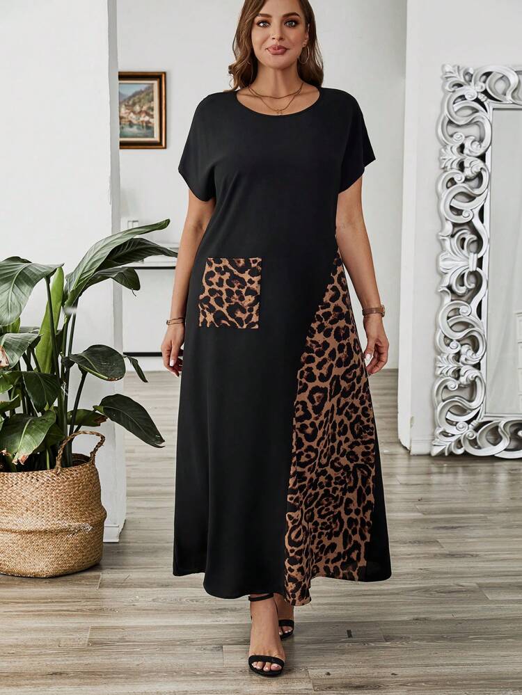 Plus Contrast Leopard Print Patch Pocket Short Sleeve Summer Dress Summer Outfits Casual Women Dresses Dress,Spring