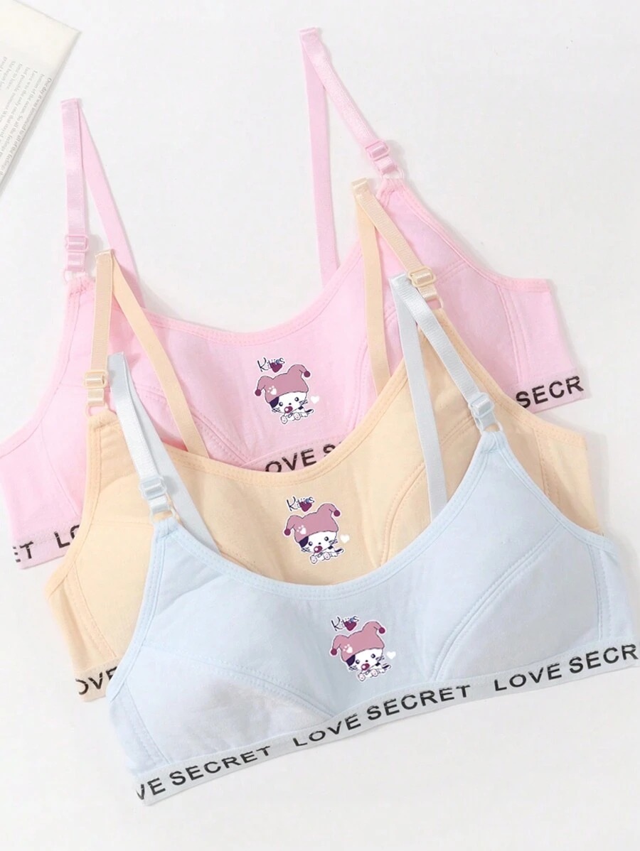 3pcs/Set Tween Girls ' Letter Cartoon Printed Cute Bralette - Wire-Free Bra Holiday Travel Releax Summer Clothes - Multicolor - View 1