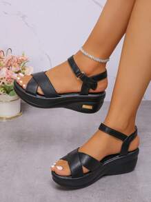 A Pair Of Summer New Arrival Simple Lightweight Casual Women's Sandals With Wedge Heel And Thick Sole For Vacation