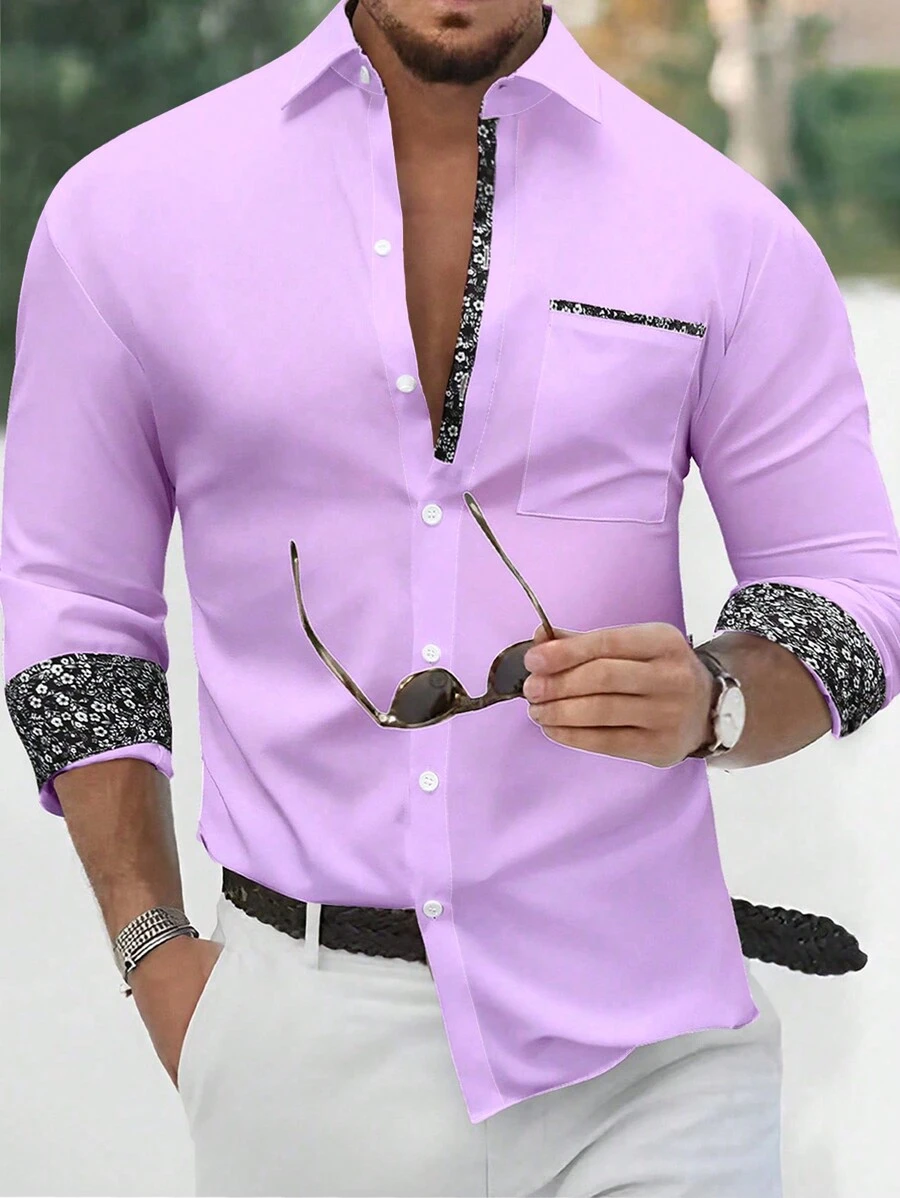 Manfinity Mode Loose Fit Men's Floral Print Button Up Shirt, Purple Men Dress Shirt, Light Purple Shirt , Fall, Long Sleeve Top - Purple - View 1
