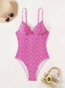 SHEIN Swim 女士迷你花卉印花貼布綫熱粉色連體泳衣，夏季沙灘連體泳衣 - 玫紅色 - 查看 4