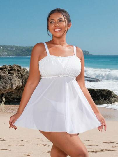 SHEIN Swim Curve 大尺碼夏季純色時尚連身泳裝套裝，帶特殊面料的泳底