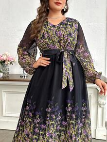 Modelyn Váy tay đèn lồng in hoa cỡ lớn có thắt lưng, váy thanh lịch cho khách dự tiệc cưới/dịp/lễ/tiệc tối - màu đen - Xem 6