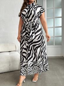 Modelyn Plus Zebra Striped & Leopard Print Belted Shirt Dress
