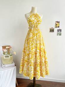 Soleia WYWH Women's Casual & Romantic Garden Style Sleeveless Dress, Suitable For Vacation, Easter, Graduation, Party, Luncheon, Afternoon Tea, Cute Casual Summer Wear. Yellow & White Floral Print, Halter Neck, Elastic Waist, Flared, Tie Back Sexy Dress - Multicolor - View 10