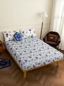 HARRY POTTER X SHEIN 1 Pc Allover Printed Fitted Sheet,Double/Full/Queen/King/California King Size Bed -Soft Microfiber Material Gifts,Back To School - Baby Blue - View 2