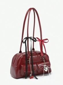 ROMWE Kawaii 女士复古可爱风格格子蝴蝶结领带樱桃与心形装饰单肩包斜挎包，带多个口袋的波士顿包，学校，时尚勃艮第包 - 酒紅色 - 查看 2