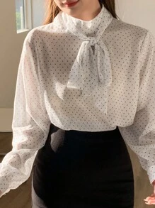 DAZY 波點鬆身長袖女襯衫帶領結 - 白色 - 查看 9