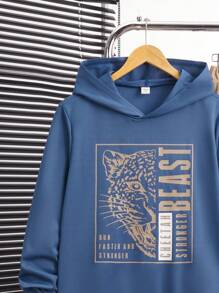 SHEIN 2 Stücke Set Kapuzen-Sweatshirt mit langen blauen Ärmeln und khakifarbener Jogginghose mit Tier- und englischem Muster für Teenager-Jungen, geeignet für Herbst/Winter/Universität/Zuhause/Sport, minimalistische Alltagskleidung
