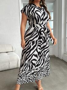 Modelyn Plus Zebra Striped & Leopard Print Belted Shirt Dress