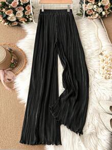 Omancia 纯色褶皱阔腿裤，女士春秋休闲褶皱自然阔腿长款黑色宽松女裤，休闲日常穿着 - 黑色 - 查看 2