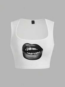 Slaydiva 休闲简约金色牙口唇印女士方领吊带背心，适合夏季 - 白色 - 查看 2