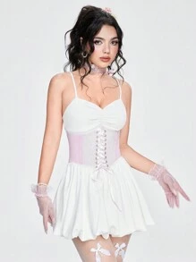 ROMWE Vestido mini sexy sin tirantes con pliegues y borde de encaje - Blanco - Ver 1