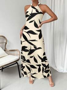 SHEIN Clasi Robe dos nu avec encolure à bretelles en impression de plantes et ourlet à volants
