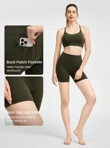 GLOWMODE 4.3" FeatherFit™ Cargo Biker Shorts Anti-Slip With Back Pockets Low Impact Yoga Daily - Army Green - View 3