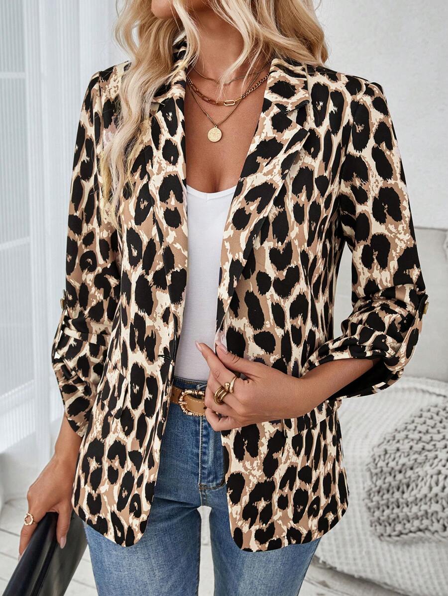 SHEIN LUNE Women's Leopard Print Rolled Cuff Single Button Blazer Coat, Autumn/Winter - Brown - View 1