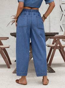 SHEIN LUNE 高腰褶細節修身牛仔褲 - 藍色 - 查看 2