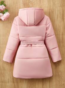 Tween Girl Outdoor Mid-Length Padded Coat, Simple Style, Thickened With Hood, Winter