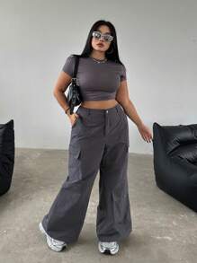 Flirla Plus Size Casualowe, jednokolorowe spodnie cargo z szerokimi nogawkami i wieloma kieszeniami