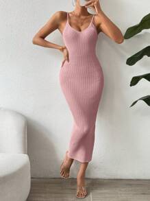 SHEIN Clasi 夏季纯色长款紧身吊带毛衣连衣裙 - 藕粉色 - 查看 3