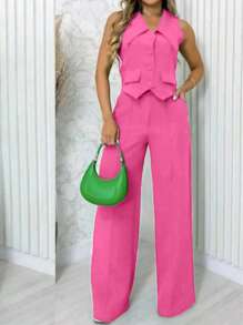 Chiquease Women Solid Color Lapel Vest And Trousers Suit - Hot Pink - View 6