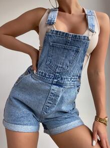 EMERY ROSE 休閒牛仔短背帶褲套裝，夏季日常 - 淺色水洗藍 - 查看 4