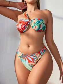 SHEIN Swim 热带印花单肩比基尼搭配沙滩裙夏季 - 彩色 - 查看 5