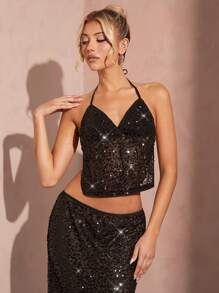 SHEIN BAE Sequin Crop Halter Top