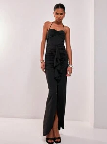 MUSERA Slinky Ruched Frill Maxi Dress Elegant Spring Summer Vacation Party - Black - View 2