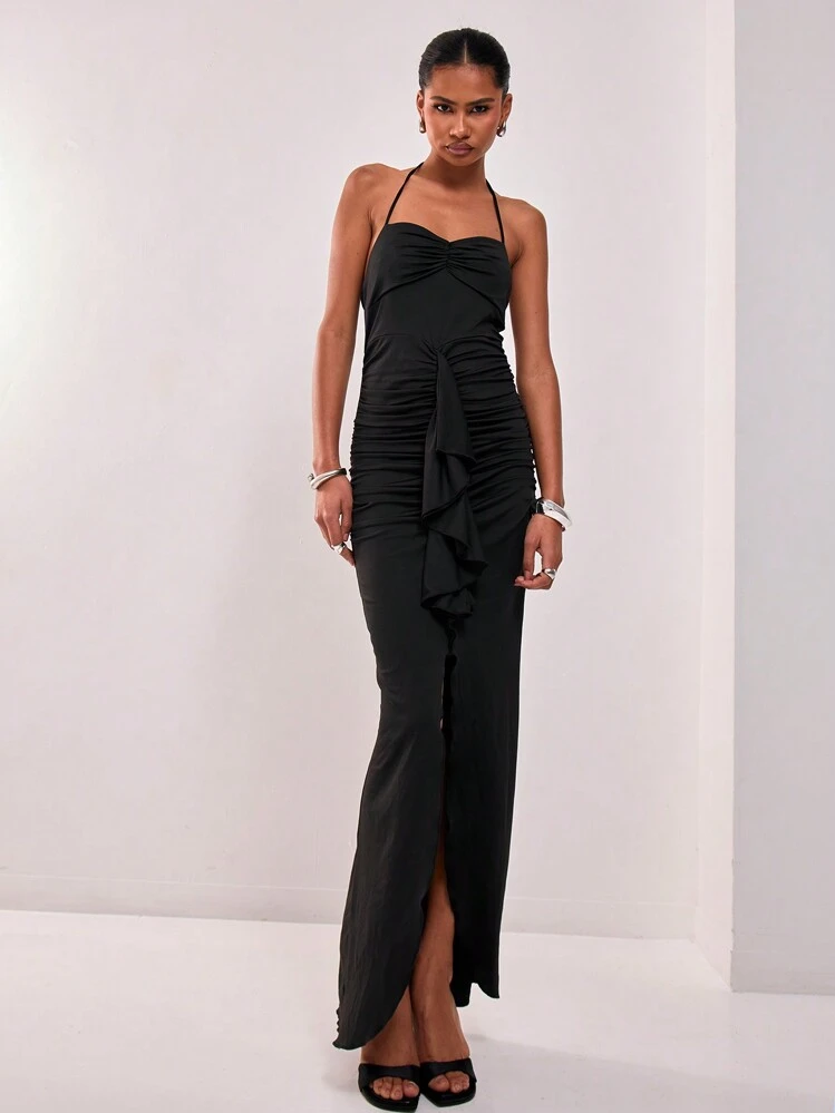 MUSERA Slinky Ruched Frill Maxi Dress Elegant Spring Summer