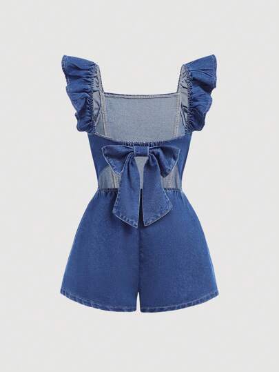 SHEIN Girlism Tween 女孩夏季波西米亚风时尚露背牛仔连身裤，搭配可爱荷叶边下摆和蝴蝶结，夏季海滩牛仔连身裤